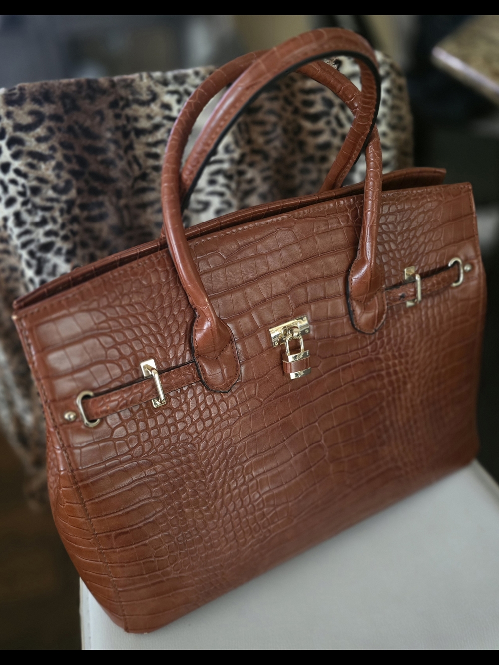 Classic Croc-Embossed Tote Bag in Cognac Brown